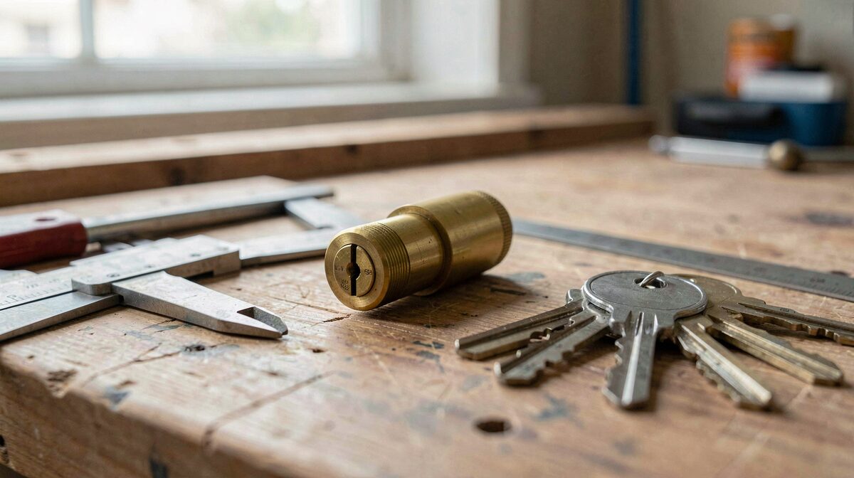 Vue rapprochée d'un cylindre de serrure en laiton posé sur un établi en bois d'atelier, à côté d'un pied à coulisse et d'un jeu de clés, lumière naturelle latérale venant d'une fenêtre, cadrage serré à hauteur de plan de travail.